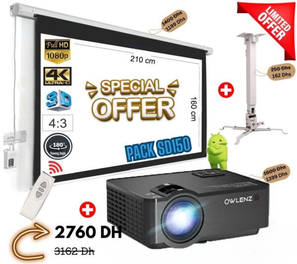 Full PACK Projecteur SD150 ANDROID 9.0 + Ecan + Support