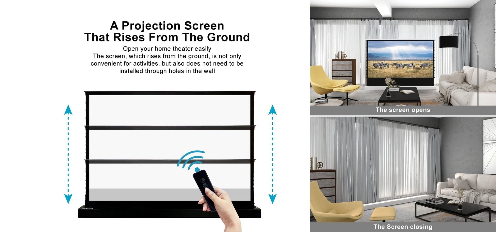 Owlenz BU Écran de Projection Électrique Floor Rising 120 Pouces 16:9 – Motorisé Bottom-Up, Compatible 4K – Image 6
